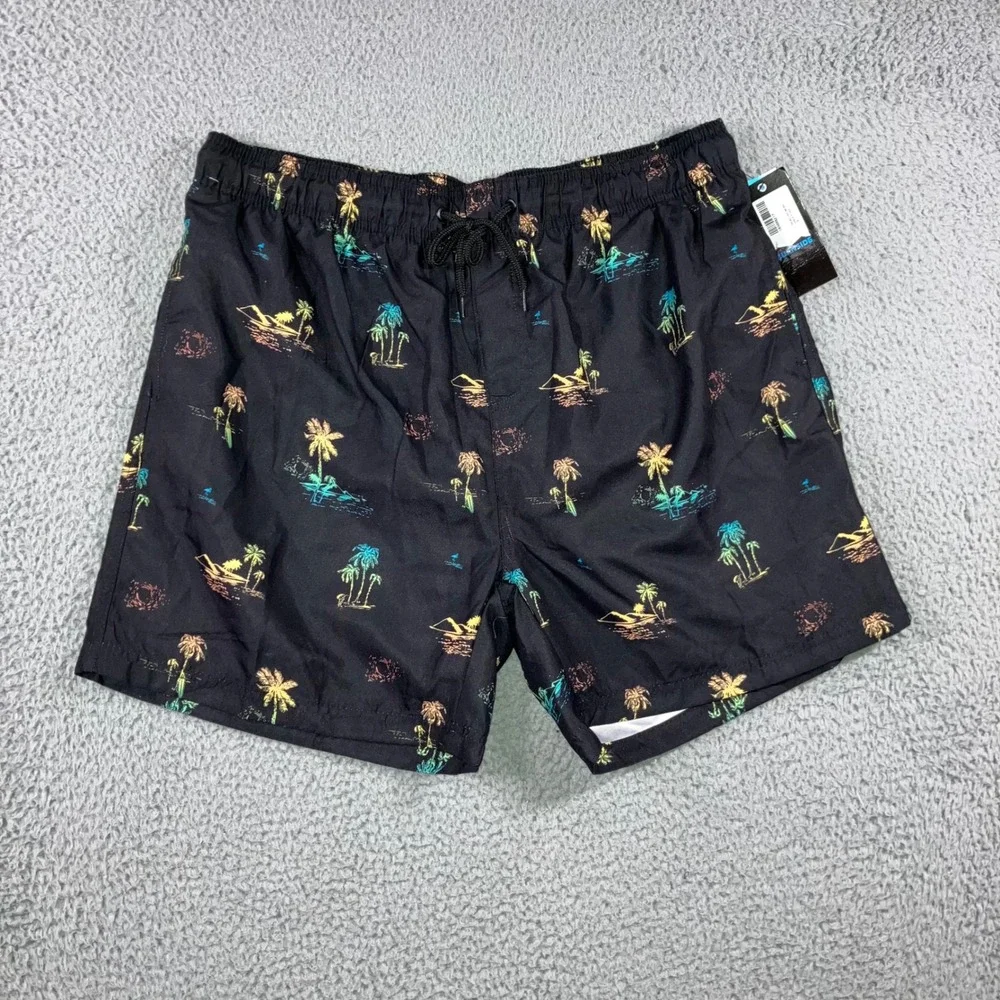 Burnside Swim‎ Trunks Men XL Black Lined Tropical Palm Tree Print Elastic Waist